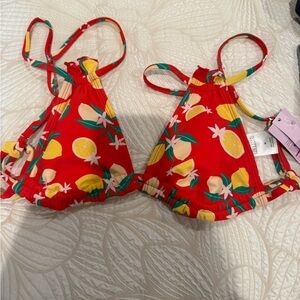 Red Lemon Print Bikini Top